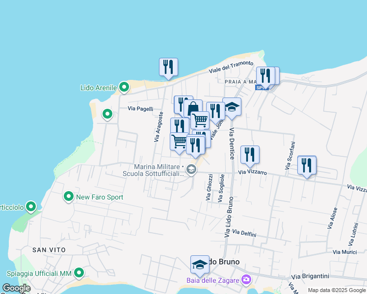 map of restaurants, bars, coffee shops, grocery stores, and more near 6 Via Suri in Taranto