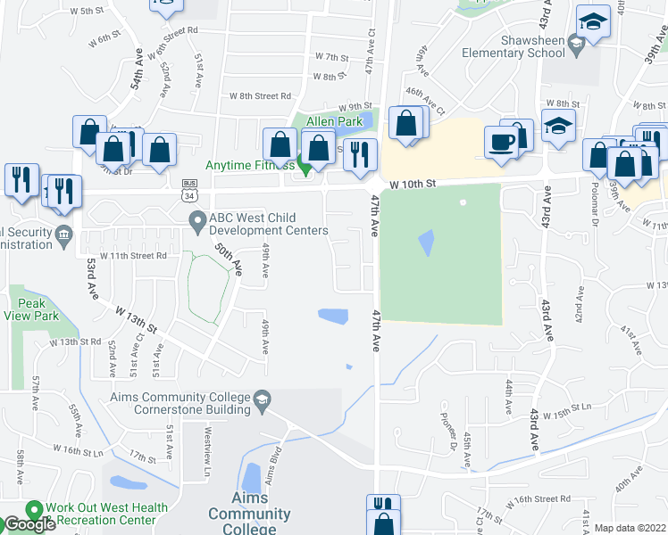 map of restaurants, bars, coffee shops, grocery stores, and more near 7904 West 12th Street in Greeley