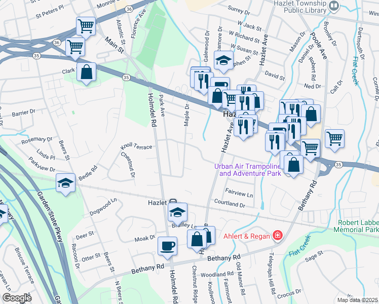 map of restaurants, bars, coffee shops, grocery stores, and more near 17 Van Mater Terrace in Hazlet
