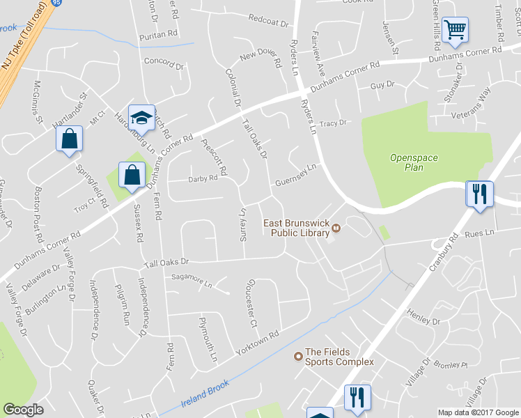 map of restaurants, bars, coffee shops, grocery stores, and more near 5 Dogwood Court in East Brunswick