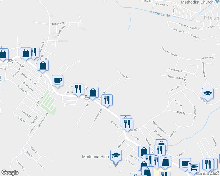 map of restaurants, bars, coffee shops, grocery stores, and more near 134 Powers Road in Weirton