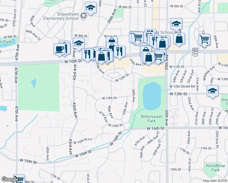 map of restaurants, bars, coffee shops, grocery stores, and more near 3950 West 12th Street in Greeley