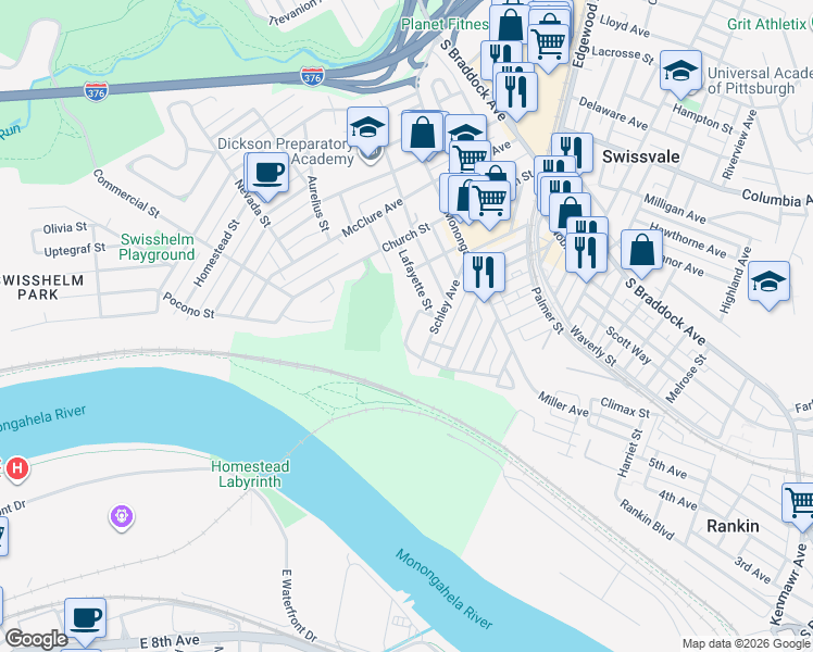 map of restaurants, bars, coffee shops, grocery stores, and more near 7336 Woodlawn Avenue in Swissvale