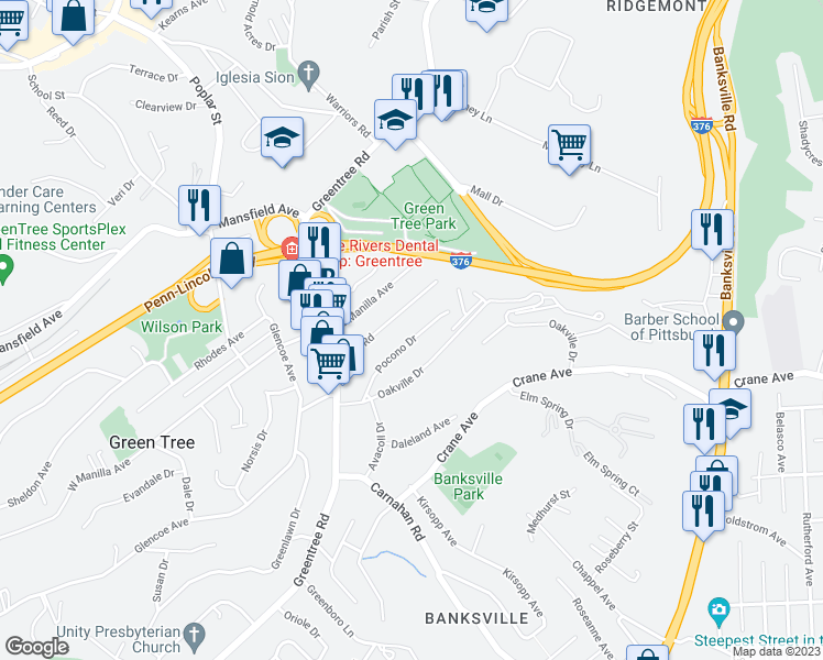 map of restaurants, bars, coffee shops, grocery stores, and more near 45 Pocono Drive in Pittsburgh