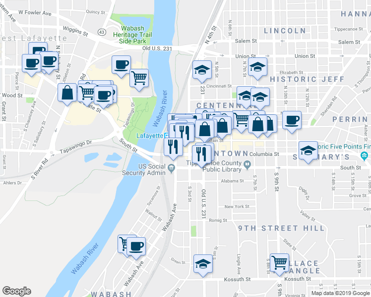 map of restaurants, bars, coffee shops, grocery stores, and more near 219 Main Street in Lafayette