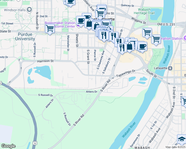 map of restaurants, bars, coffee shops, grocery stores, and more near 340 South Grant Street in West Lafayette