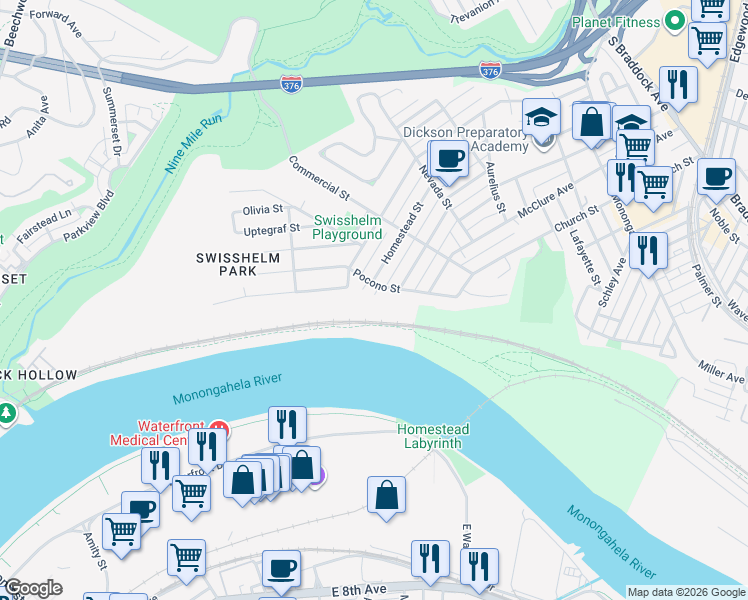 map of restaurants, bars, coffee shops, grocery stores, and more near 1340 Pocono Street in Pittsburgh