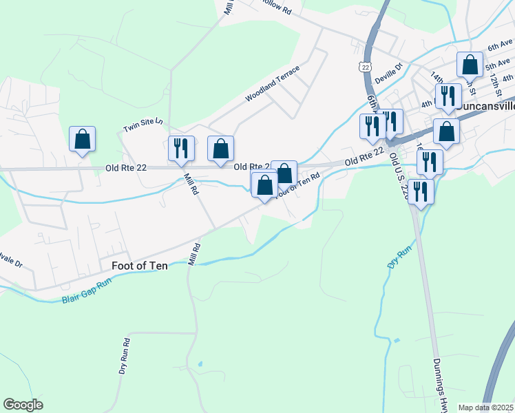 map of restaurants, bars, coffee shops, grocery stores, and more near 450 Foot of Ten Road in Duncansville