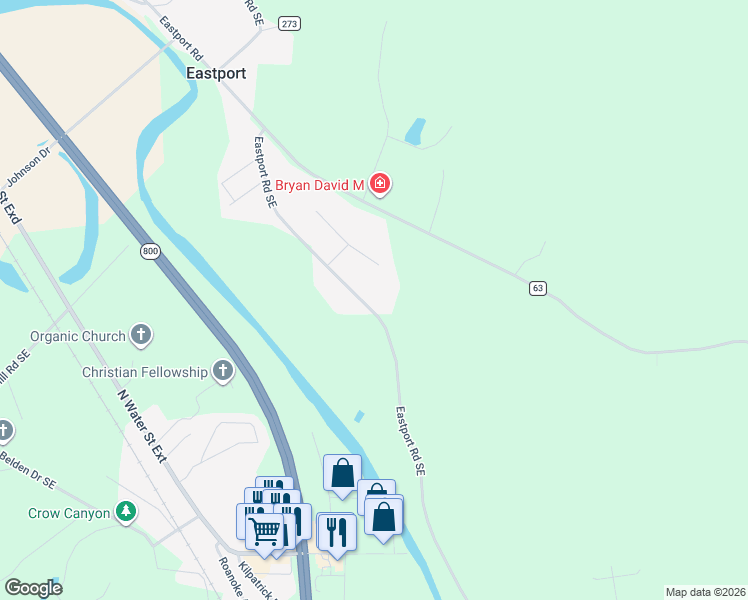 map of restaurants, bars, coffee shops, grocery stores, and more near 3557 Eastport Road Southeast in Dennison