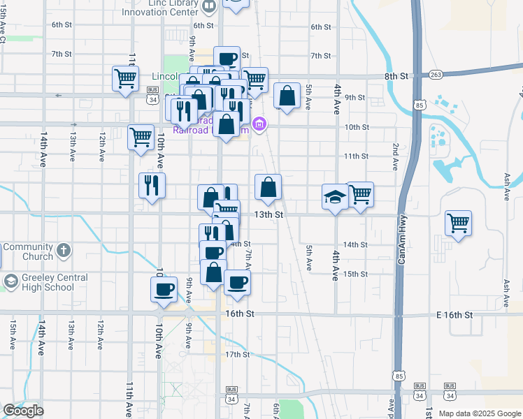 map of restaurants, bars, coffee shops, grocery stores, and more near 606 12th Avenue in Greeley