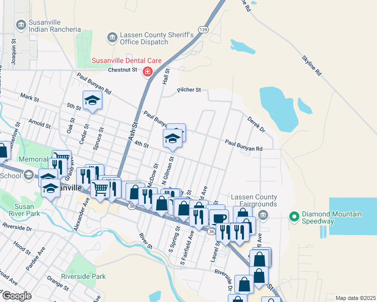 map of restaurants, bars, coffee shops, grocery stores, and more near 2005 4th Street in Susanville
