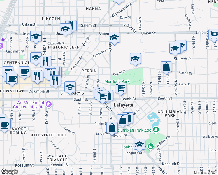 map of restaurants, bars, coffee shops, grocery stores, and more near 1707 Ferry Street in Lafayette