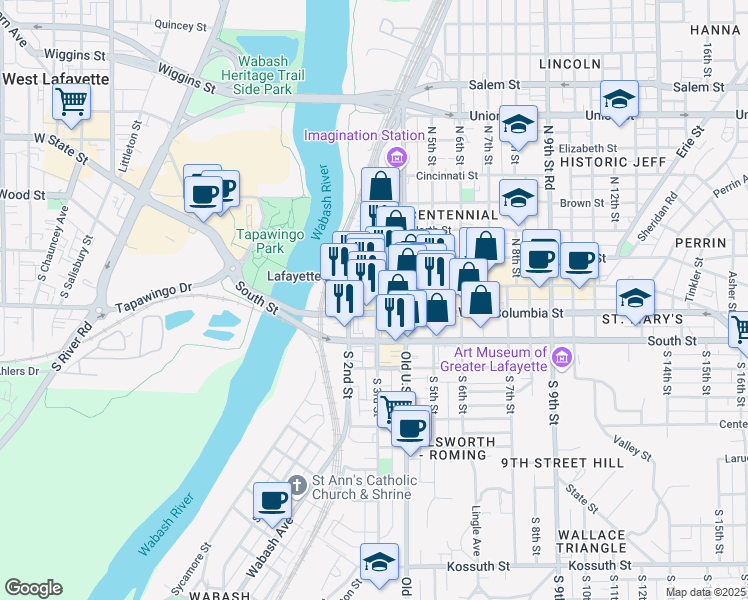 map of restaurants, bars, coffee shops, grocery stores, and more near 118 North 3rd Street in Lafayette