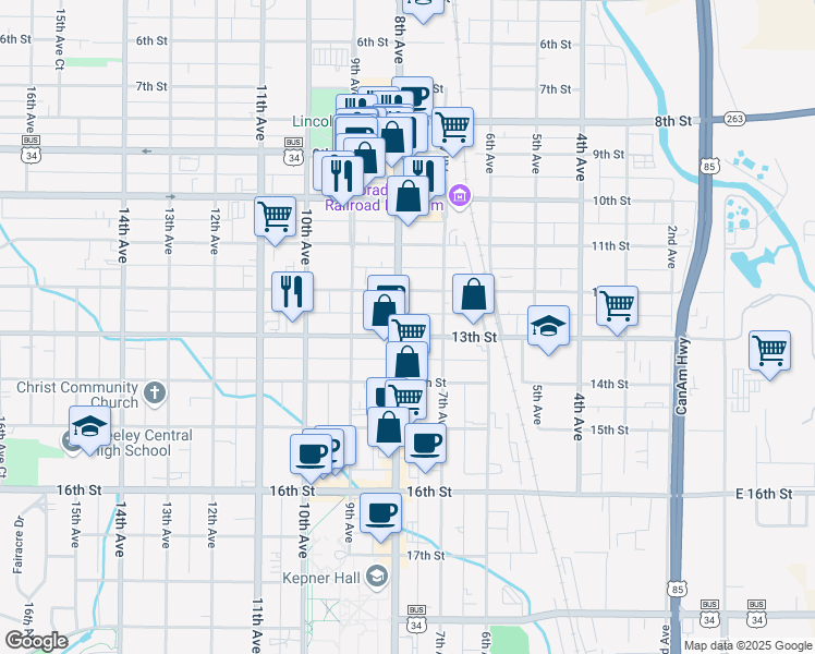 map of restaurants, bars, coffee shops, grocery stores, and more near 1221 U.S. 85 Business in Greeley