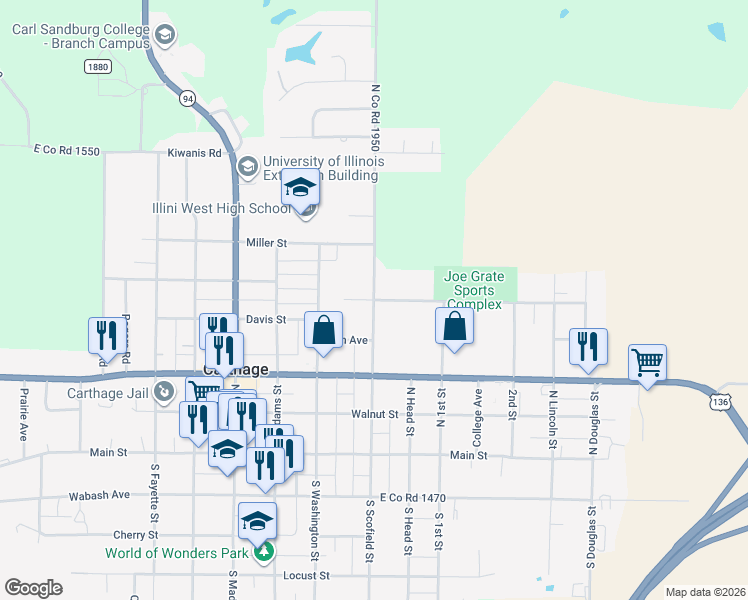 map of restaurants, bars, coffee shops, grocery stores, and more near 801 Center Street in Carthage