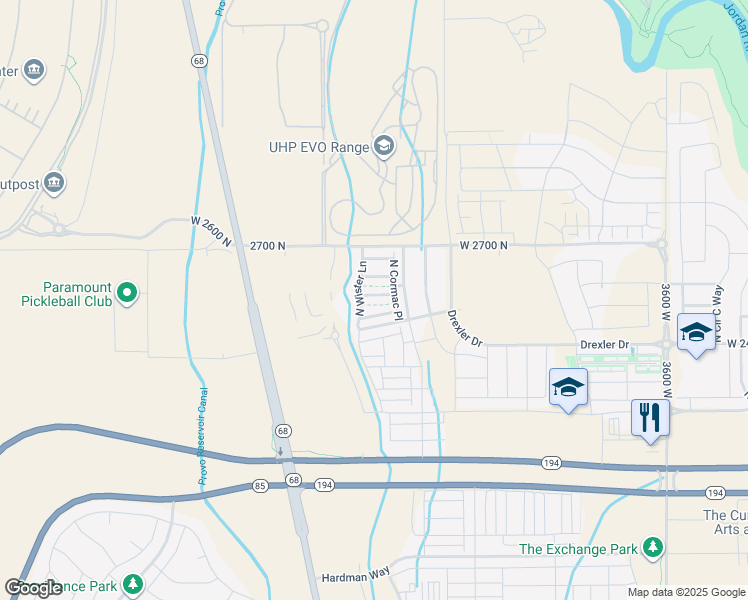 map of restaurants, bars, coffee shops, grocery stores, and more near 4449 West 2550 North in Lehi