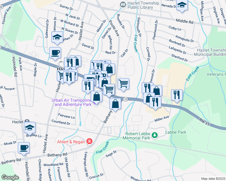 map of restaurants, bars, coffee shops, grocery stores, and more near 3001 Route 35 in Hazlet