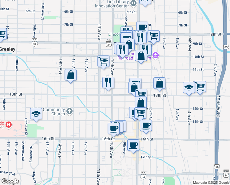 map of restaurants, bars, coffee shops, grocery stores, and more near 1218 10th Avenue in Greeley
