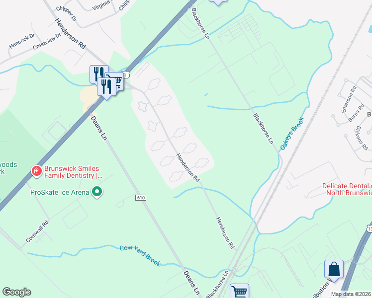 map of restaurants, bars, coffee shops, grocery stores, and more near 5502 Buttonwood Court in South Brunswick Township