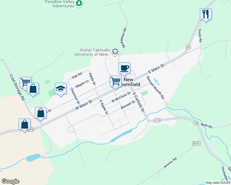 map of restaurants, bars, coffee shops, grocery stores, and more near 31 West Main Street in New Bloomfield