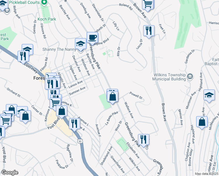 map of restaurants, bars, coffee shops, grocery stores, and more near 4293 Greensburg Pike in East Pittsburgh
