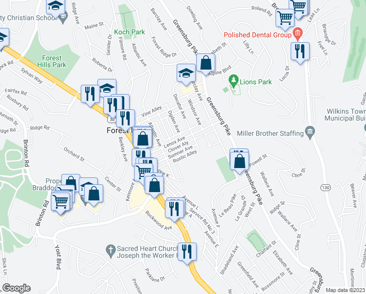 map of restaurants, bars, coffee shops, grocery stores, and more near 404 Lenox Avenue in Pittsburgh