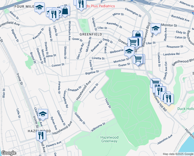 map of restaurants, bars, coffee shops, grocery stores, and more near 636 Hazelwood Avenue in Pittsburgh