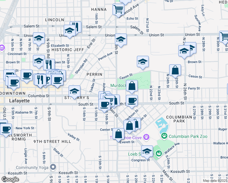 map of restaurants, bars, coffee shops, grocery stores, and more near 1805 Ferry Street in Lafayette