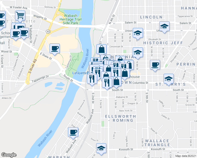 map of restaurants, bars, coffee shops, grocery stores, and more near 219 Main Street in Lafayette