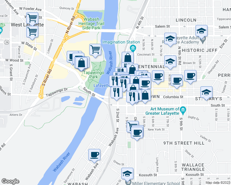 map of restaurants, bars, coffee shops, grocery stores, and more near 200 North 2nd Street in Lafayette