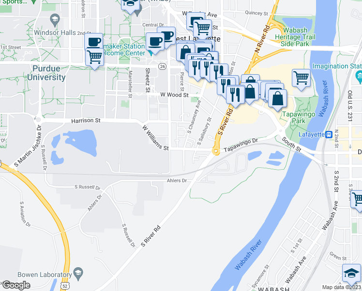 map of restaurants, bars, coffee shops, grocery stores, and more near 340 South Grant Street in West Lafayette