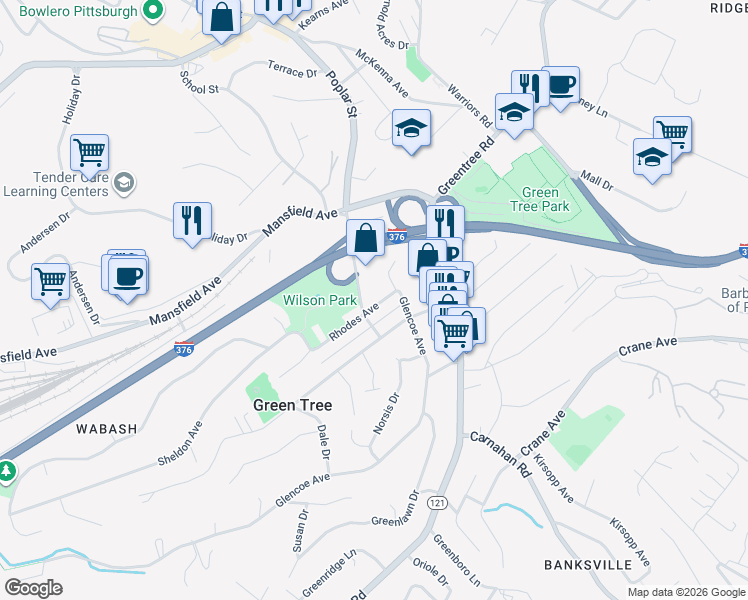 map of restaurants, bars, coffee shops, grocery stores, and more near 28 Rhodes Avenue in Pittsburgh