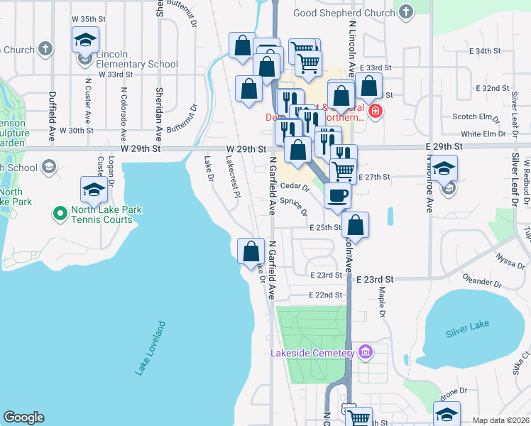 map of restaurants, bars, coffee shops, grocery stores, and more near 2531 North Garfield Avenue in Loveland