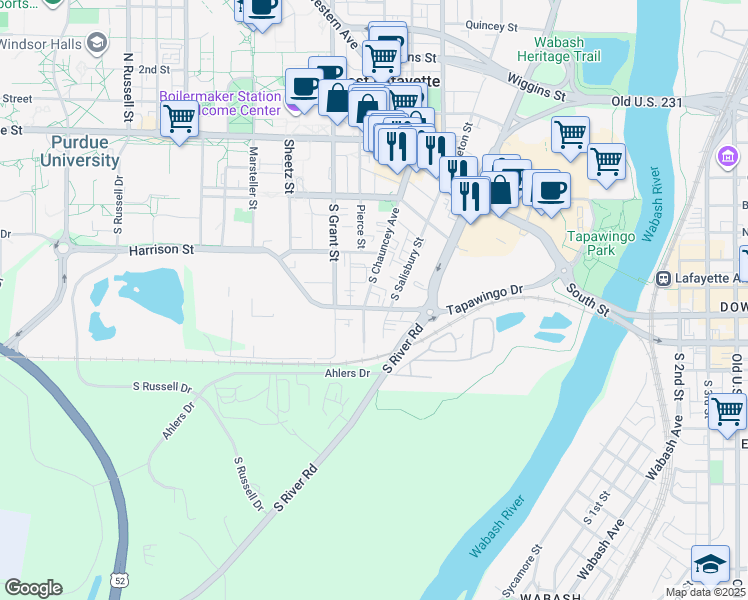 map of restaurants, bars, coffee shops, grocery stores, and more near 350 South Chauncey Avenue in West Lafayette