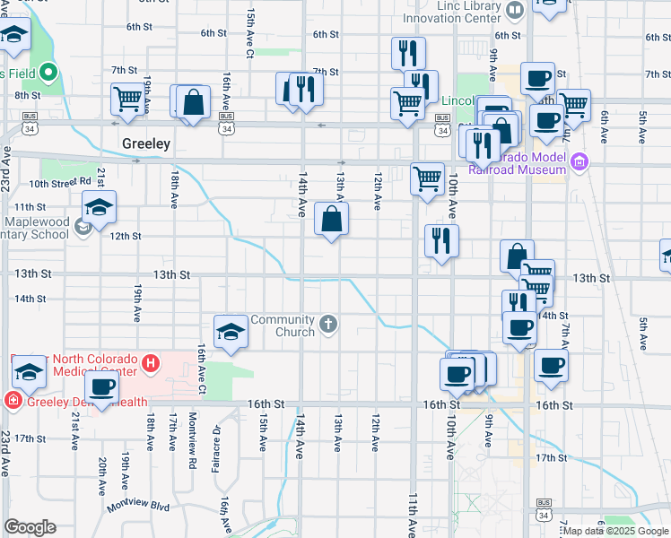 map of restaurants, bars, coffee shops, grocery stores, and more near 1303 13th Street in Greeley