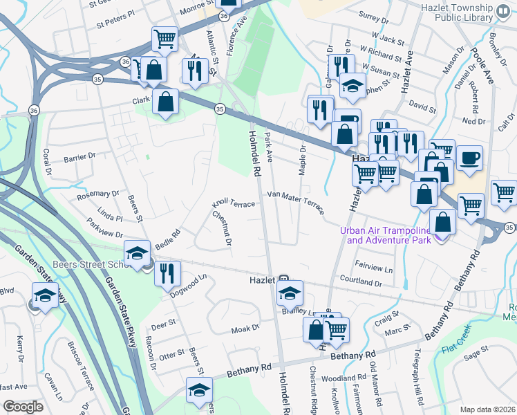 map of restaurants, bars, coffee shops, grocery stores, and more near 589 Holmdel Road in Hazlet