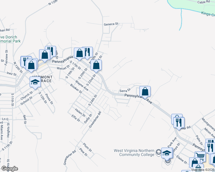 map of restaurants, bars, coffee shops, grocery stores, and more near 2401 Pennsylvania Ave in Weirton