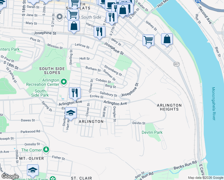 map of restaurants, bars, coffee shops, grocery stores, and more near 2829 Patterson Street in Pittsburgh