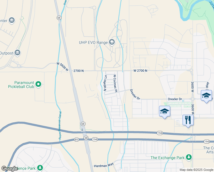 map of restaurants, bars, coffee shops, grocery stores, and more near 2546 North Wister Lane in Lehi