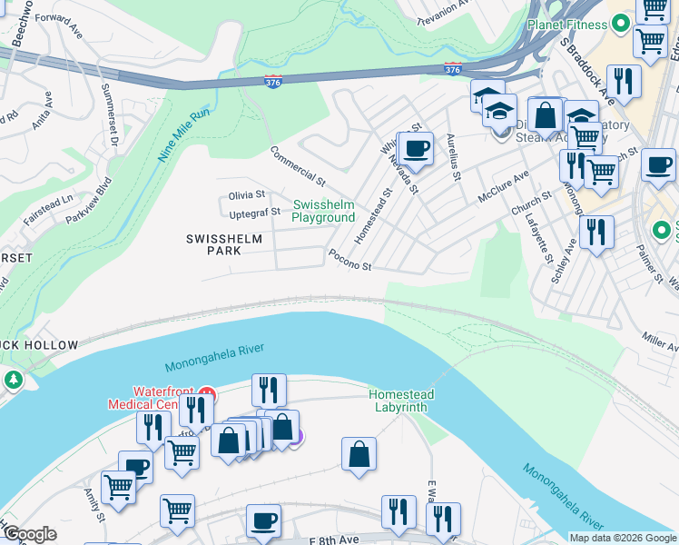 map of restaurants, bars, coffee shops, grocery stores, and more near 1328 Pocono Street in Pittsburgh
