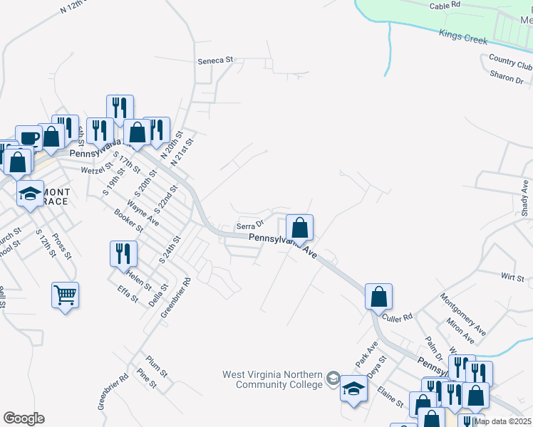 map of restaurants, bars, coffee shops, grocery stores, and more near 95 Serra Drive in Weirton