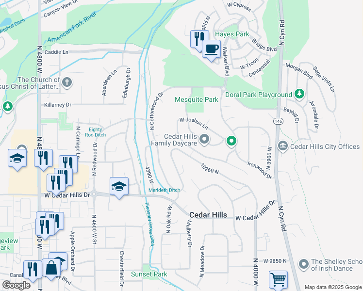 map of restaurants, bars, coffee shops, grocery stores, and more near 4275 West Sandalwood Drive in Cedar Hills
