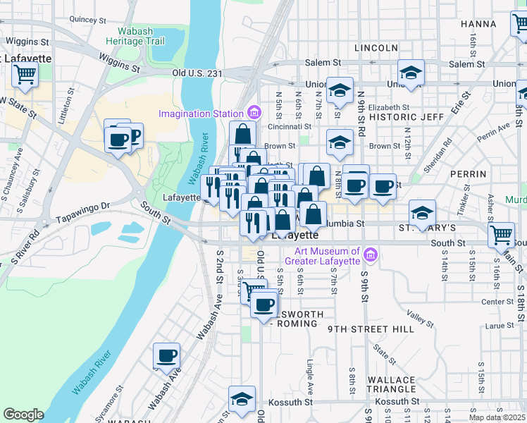 map of restaurants, bars, coffee shops, grocery stores, and more near 332 Main Street in Lafayette