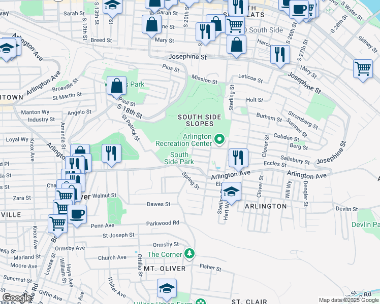 map of restaurants, bars, coffee shops, grocery stores, and more near 2104 Salisbury Street in Pittsburgh
