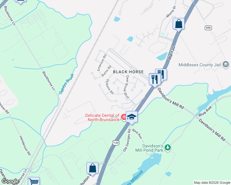 map of restaurants, bars, coffee shops, grocery stores, and more near 17 Dickens Road in North Brunswick Township