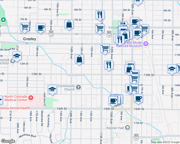 map of restaurants, bars, coffee shops, grocery stores, and more near 1227 12th Avenue in Greeley
