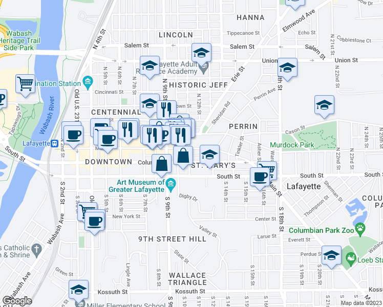 map of restaurants, bars, coffee shops, grocery stores, and more near 1105 Main Street in Lafayette