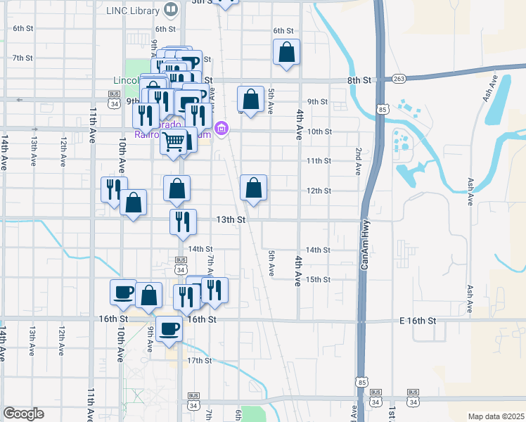map of restaurants, bars, coffee shops, grocery stores, and more near 517 13th Street in Greeley