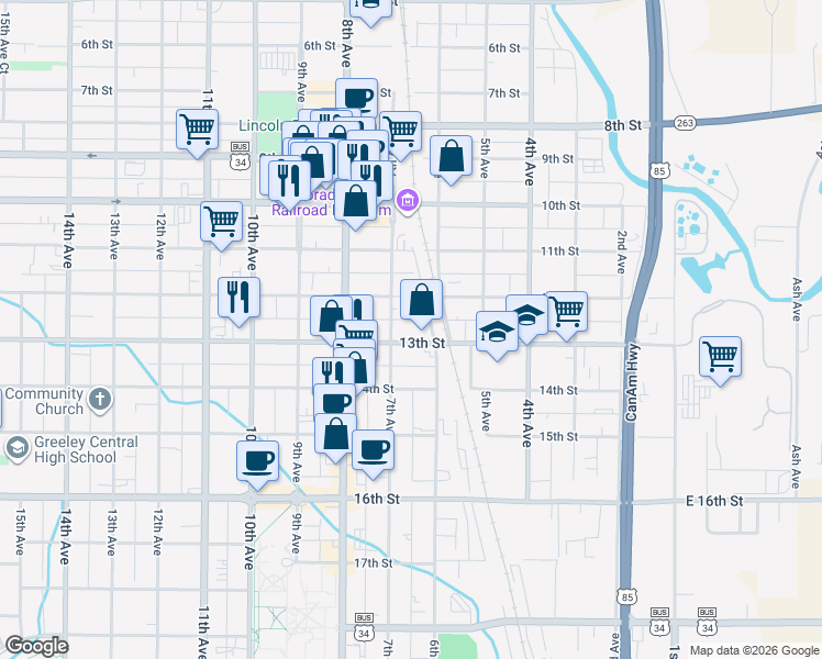 map of restaurants, bars, coffee shops, grocery stores, and more near 606 12th Avenue in Greeley