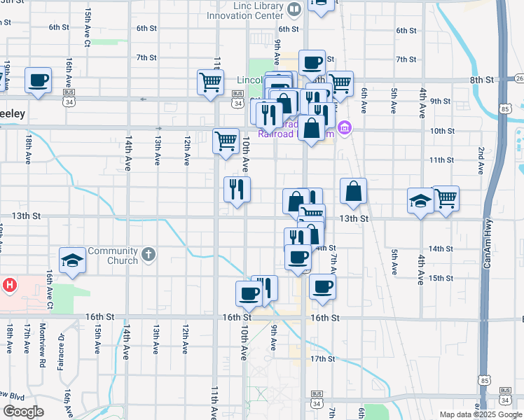map of restaurants, bars, coffee shops, grocery stores, and more near 1218 10th Avenue in Greeley